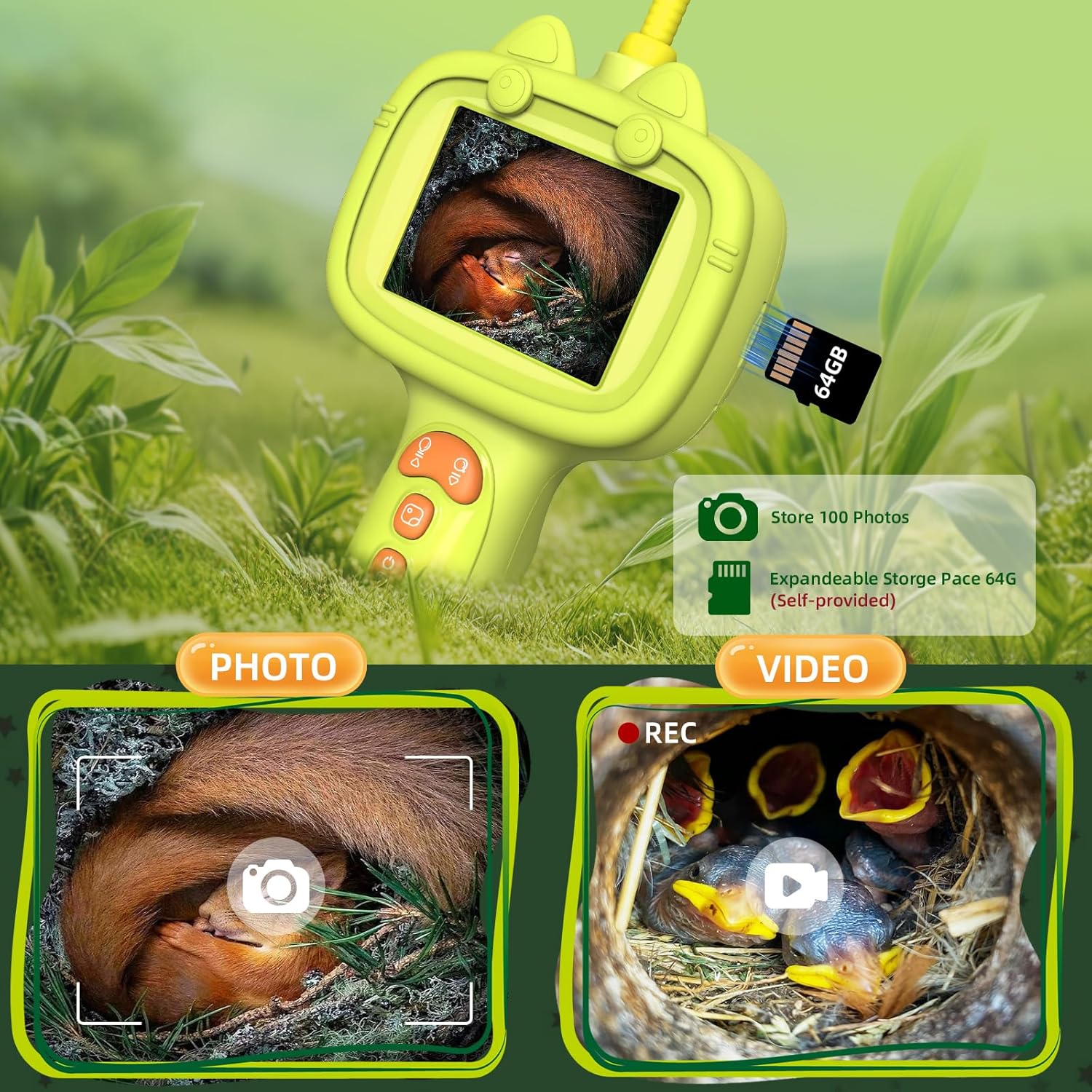 Borescope Camera with Light, Handheld Endoscope Camera for Outdoor Adventures & Nature Discovery, Outdoor Toys Gifts for Boys Girls, Yellow