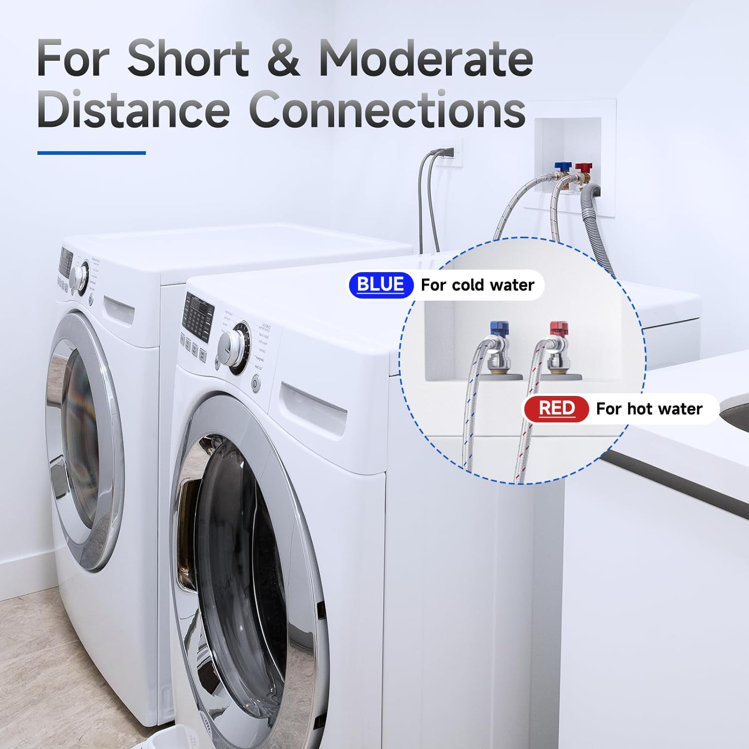 6 FT Washing Machine Hoses with 90 Degree Elbow, 3/4" FHT Stainless Steel Washer Hoses, For Short to Moderate-Distance Water Supply in Small & Medium Residences, Red & Blue (2-Pack)