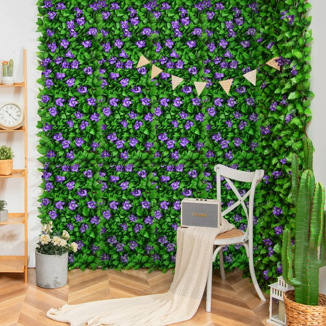 Panel Artificial Expandible Costway Decorativo de seto Falso con flores Violetas para Balcón Jardín Patio 125,5 x 33,5 cm Verde
