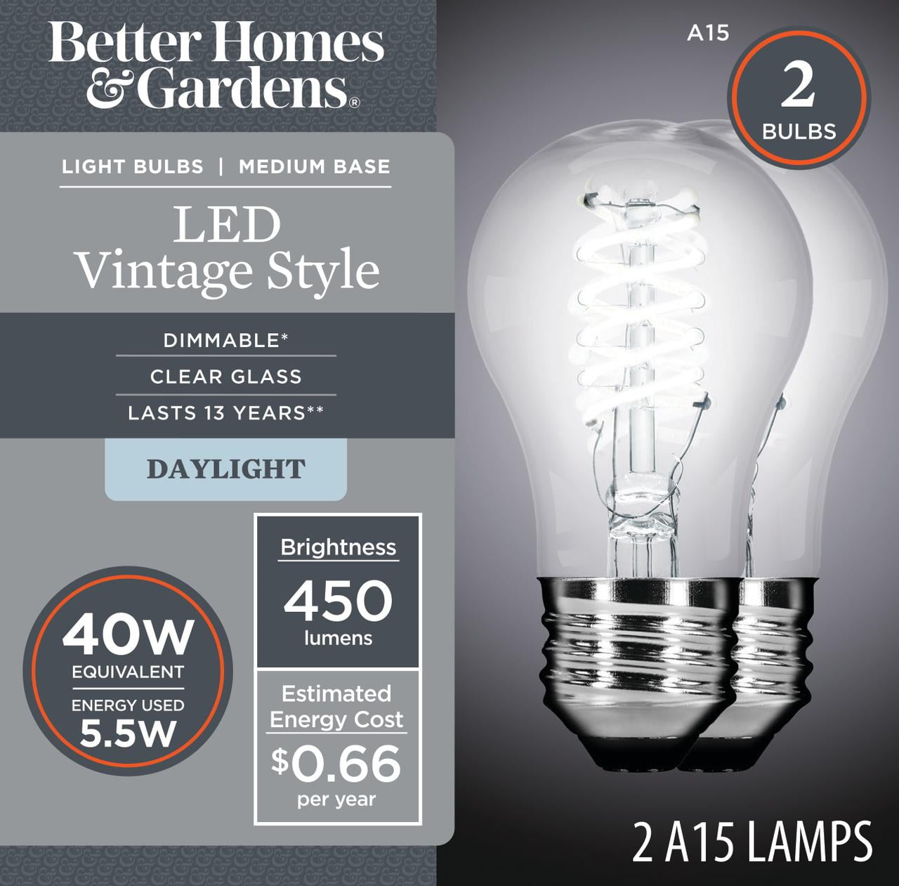 (2 pack) Better Homes & Gardens Vintage LED A15 Bulb, 5.5 Watts, Daylight, E26 Base, Dimmable, 2 Pack