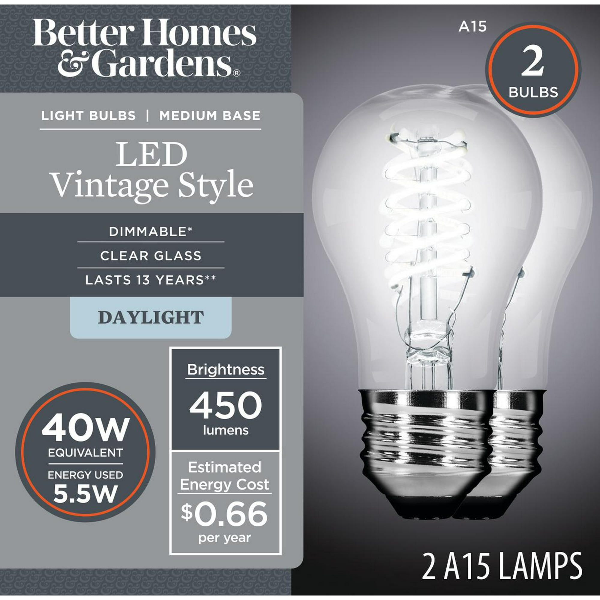 Better Homes & Gardens Vintage LED A15 Bulb, 5.5 W, Daylight, E26 Base, Dimmable, 2 Pack
