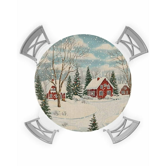 nqOlkjepod Christmas Round Tablecloth, Fitted Table Cover with Elastic for 45"-54" Round Tables, Farmhouse Snowflake Xmas Tree Red Plaid Table Cloth Outdoor Dinning Party Waterproof Tablecloths