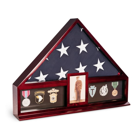 Handcrafted military flag and medal display case with 4" x 6" picture frame.