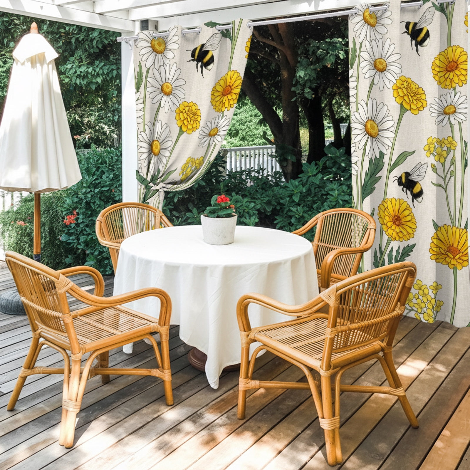 Summer Daisy Outdoor Curtains for Patio, Rustic White Yellow Flower Bee Pastoral Floral Sunshade Privacy Drapes Grommet Waterproof Outside Curtains for Porch/Cabana/Balcony 54"x 108", 2 Panel