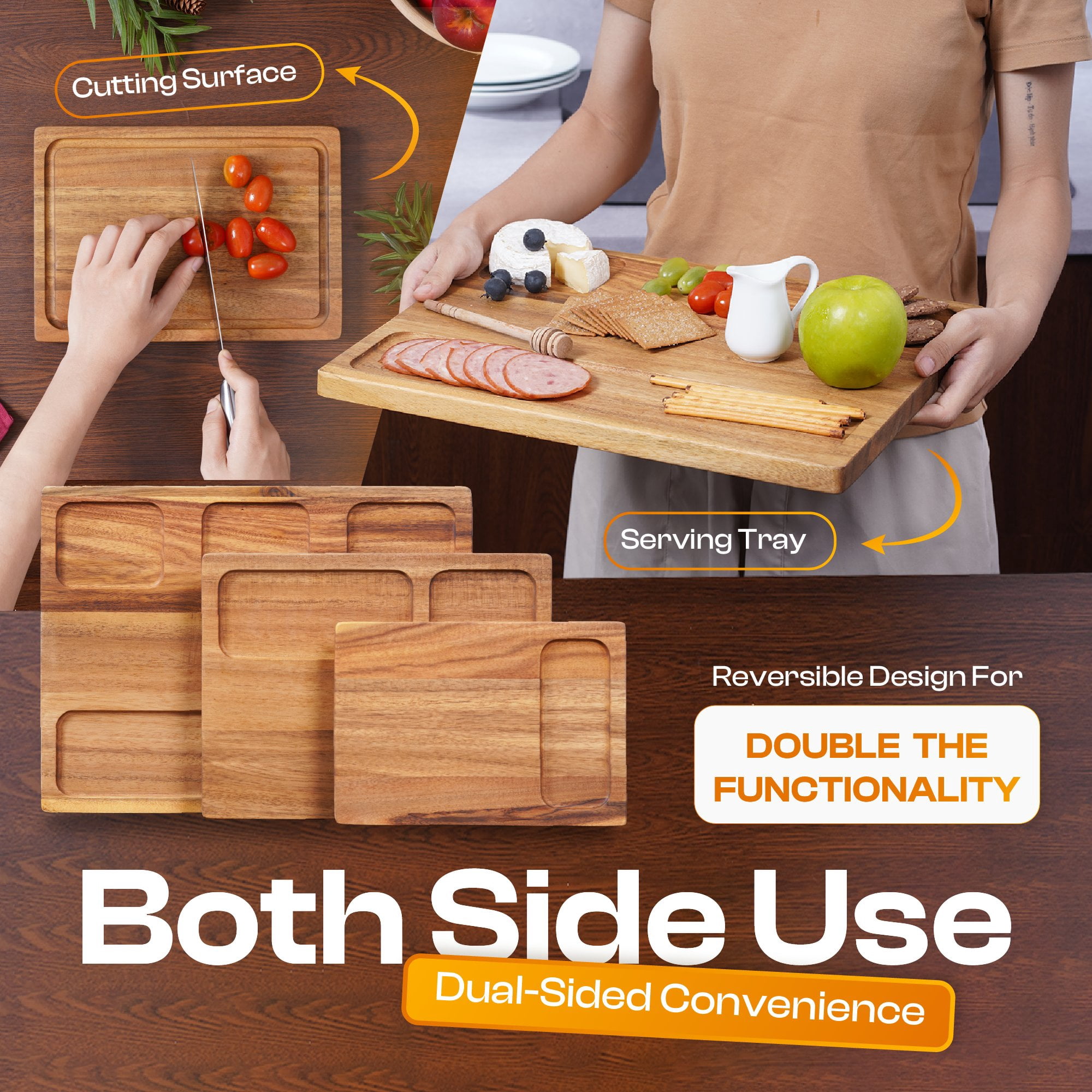 AN68 Acacia Wood Cutting Board Set of 3 – Reversible 2-in-1 Butcher Blocks & Serving Trays, 100% Natural Hardwood with Juice Groove, Gift Box Ready