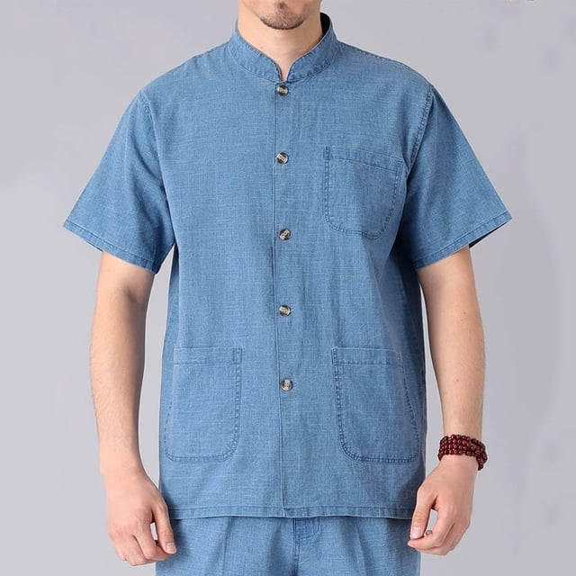 pstuiky camisetas camisas para hombre, Camisas casuales de color sólido para hombre, con botones sueltos, múltiples bolsillos, manga corta y cuello alto ropa de hombre xxxxl