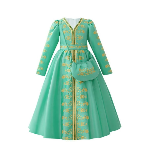 Odeerbi Niñas Retro Vintage Vestido Musulmán Vestido Bordado Oración Islámica Vestido Princesa Algodón Niños Manga Larga V-Cuello Vestido Suelto Túnica Con Bolsa Conjunto