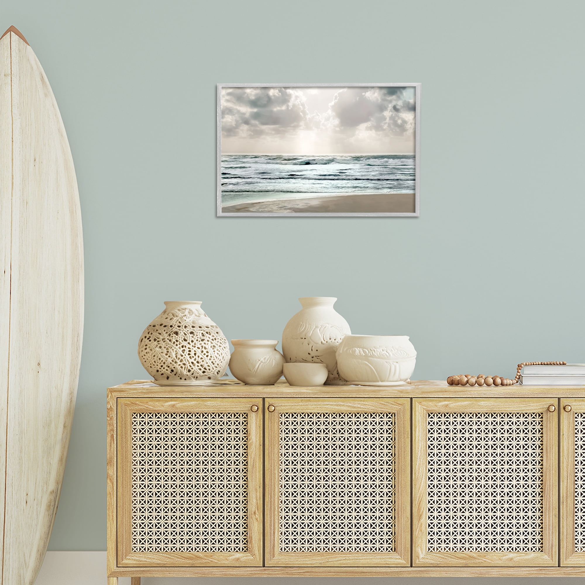 Stupell Industries Cloudy Sunlight Beach Landscape Photography Gray Framed Art Print Wall Art, 24 x 16