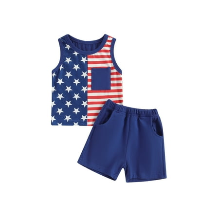 

CIYCuIT 4th of July Toddler Baby Boys Shorts Sets 3M 6M 12M 18M 24M 3T Sleeveless Stripe Stars Print Pocket Tank Tops + Elastic Shorts 2Pcs Infant Casual Summer Outfits