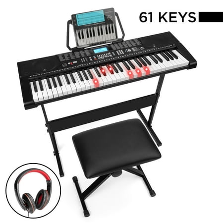 Best Choice Products 61-Key Beginners Complete Electronic Keyboard Piano Set w/ Lighted Keys, LCD Screen, Headphones, Stand, Bench, Teaching Modes, Note Stickers, Built-In