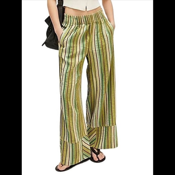 Pantalones de Rayas para Mujer, Cintura Alta, Pierna , Algodón y , Moda Playera, Cintura Elástica, Pantalones Casuales Sueltos. Verde XL