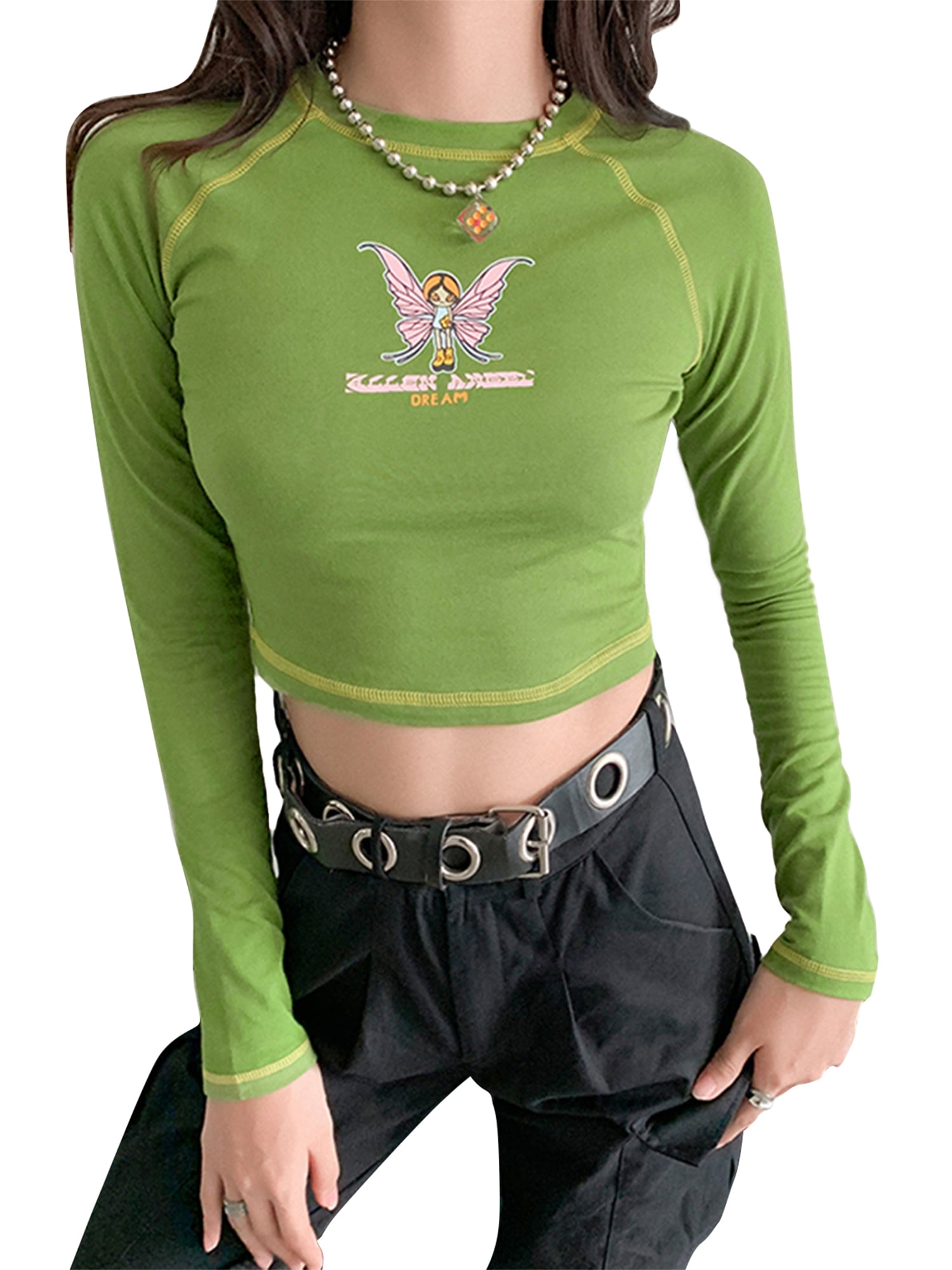 Women Girls Long Sleeve Crop Top Round Neck Butterfly Printed Cute  Streetwear Pullover Tops - Walmart.com