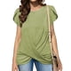 thumbnail image 3 of Mujeres Twist Front Camisa Corta Pétalo Manga Cuello Redondo Color Puro Loose Causal Camisa de Las Mujeres Blusa Superior, 3 of 6