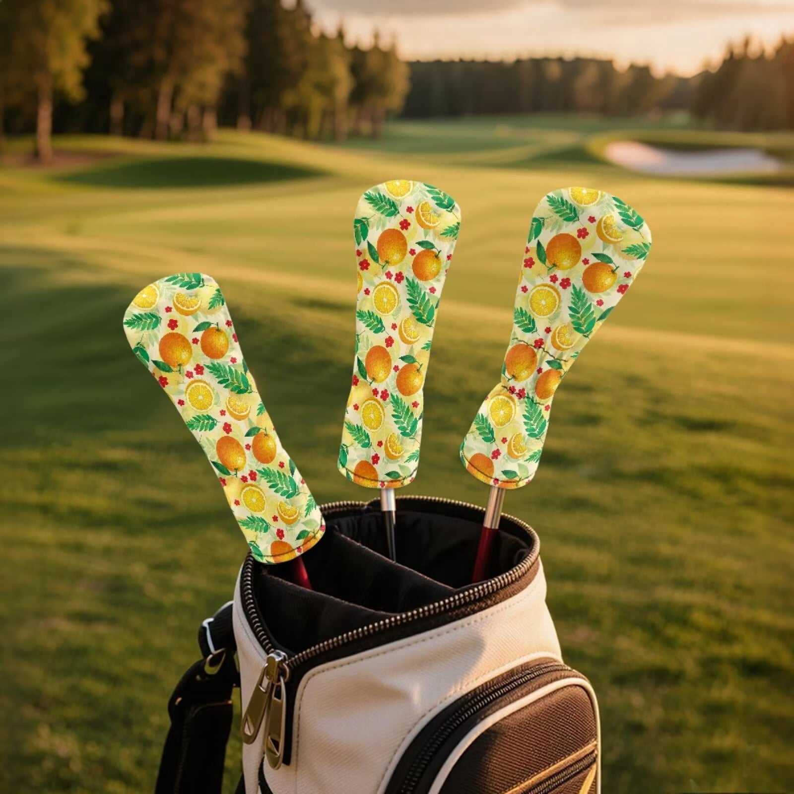 Uorisanigo Golf Club Head Covers 3pcs Golf Driver Headcover Fairway Wood Headcover Hybrid Club Head Cover - PU Leather Orange Print Headcovers to Fit Most Golfs Clubs