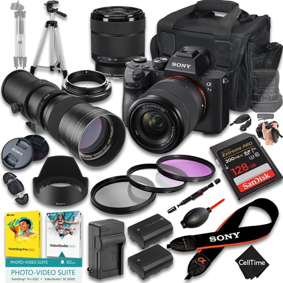 Sony a7 III Mirrorless Camera International Version (No Manufacturer Warranty) w/ 28-70mm Lens & 420-800mm Manual Telephoto   128GB   Extra Battery   Case (24-Pc Bundle)
