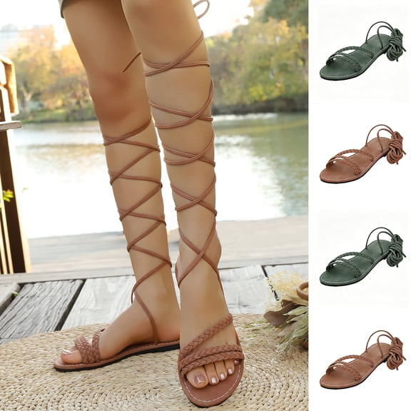 Miqool Womens Gladiator Flat Sandals Round Toe Open Toe Woven Straps Summer Casual Indoor Outdoor Shoes