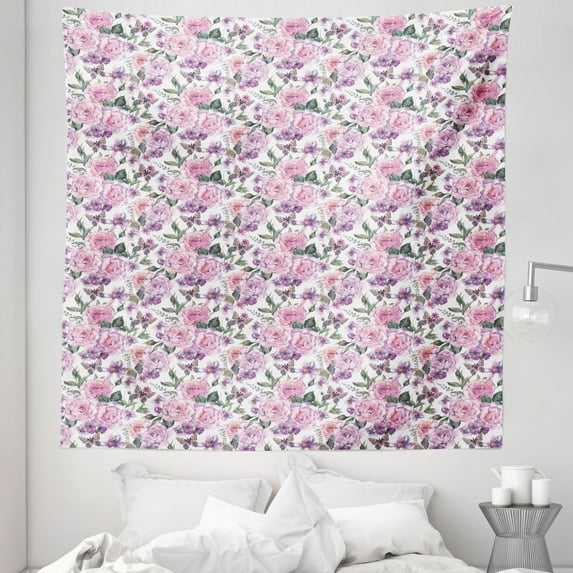Floral Tapestry, Tiny Swallowtail Butterflies Flying Among Watercolor Illustrated Peachy Color Roses, Fabric Wall Hanging Decor for Bedroom Living Room Dorm, 5 Sizes, Multicolor, by Ambesonne
