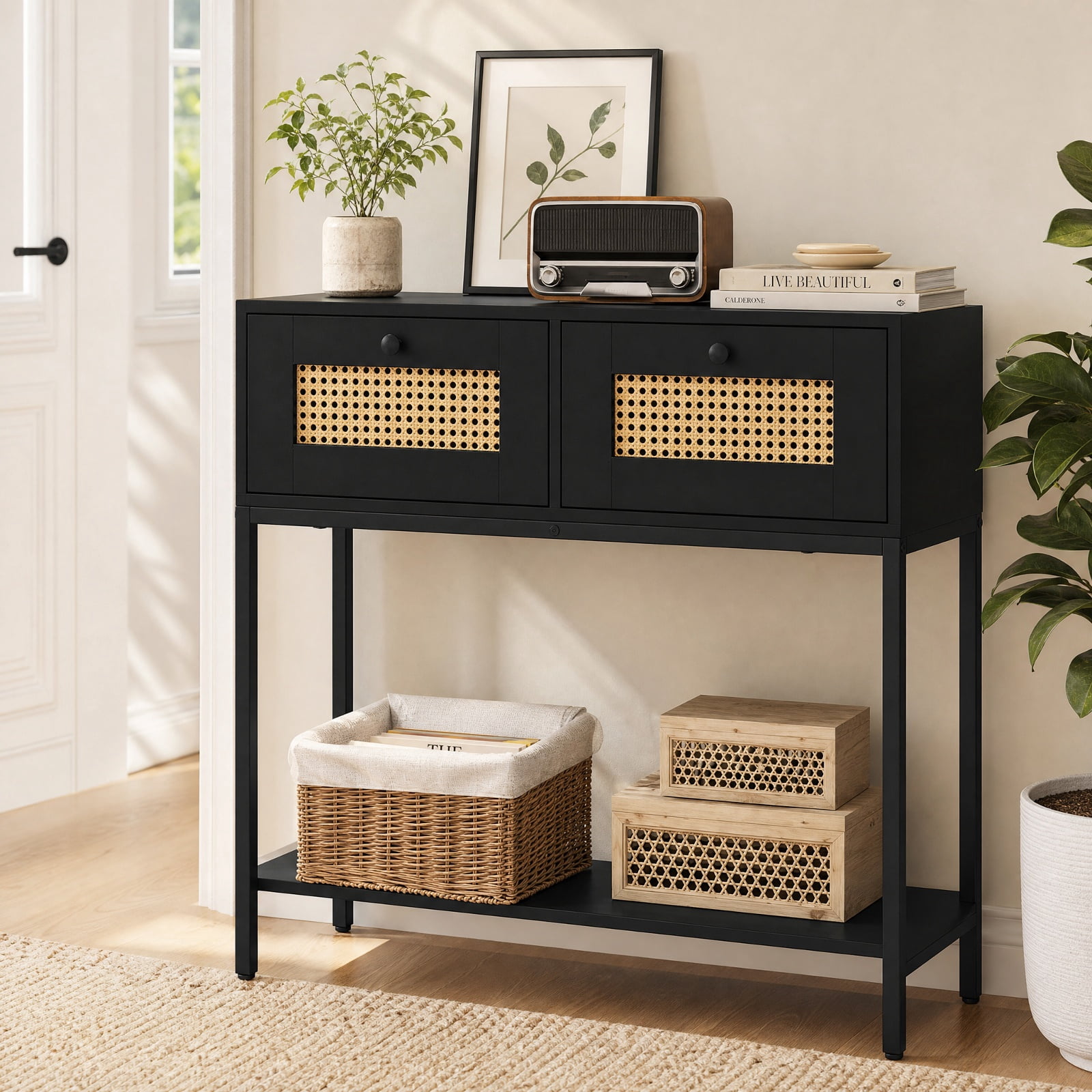 Furnibear Rattan Console Table Boho Entryway Table with 2 Rattan Drawers and Open Storage Shelf for Hallway Living Room, Black