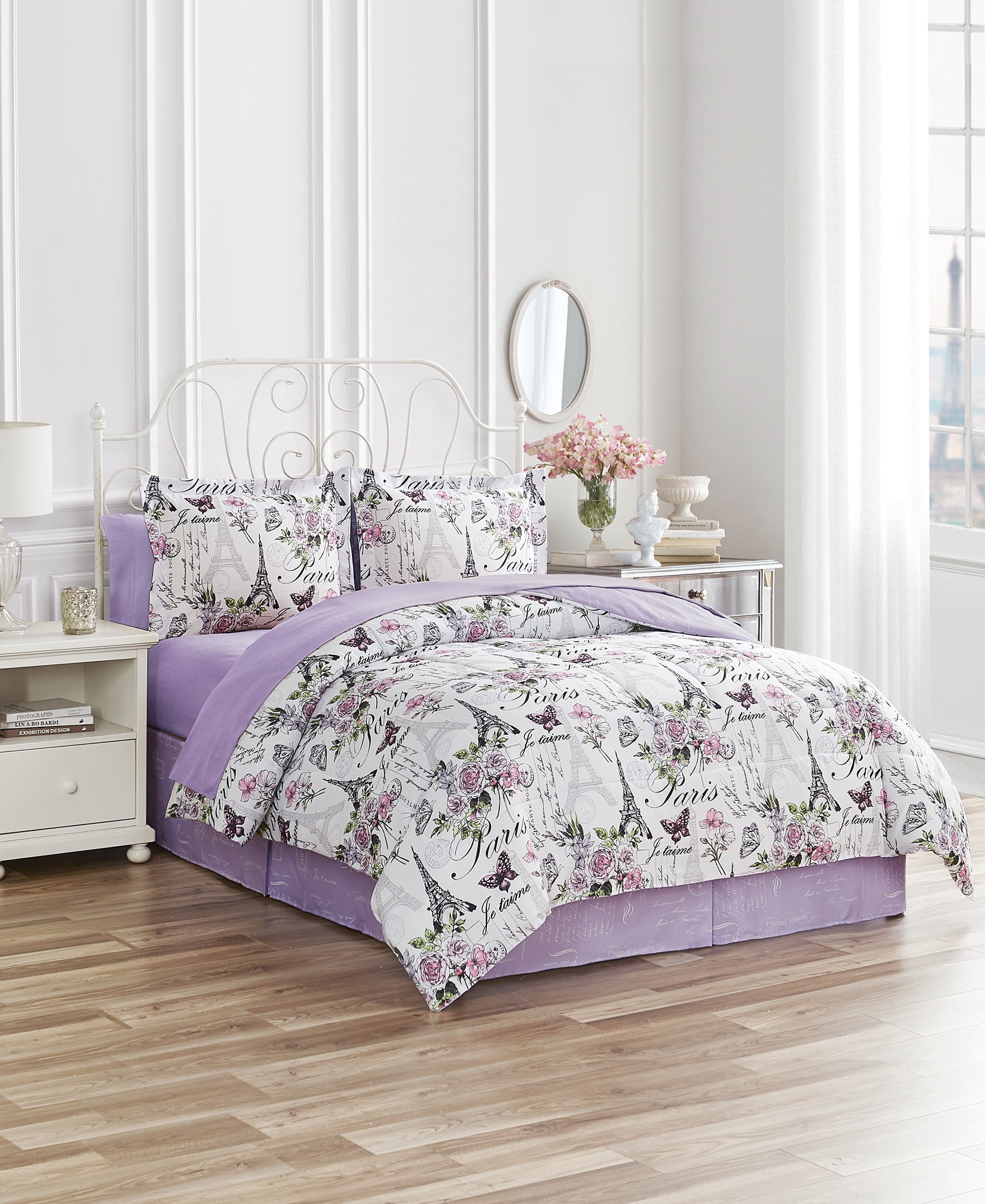 CEDAR COURT Paris Floral Lilac Ultra Soft Microfiber 8 Piece Reversible Comforter Bedding Set - Queen