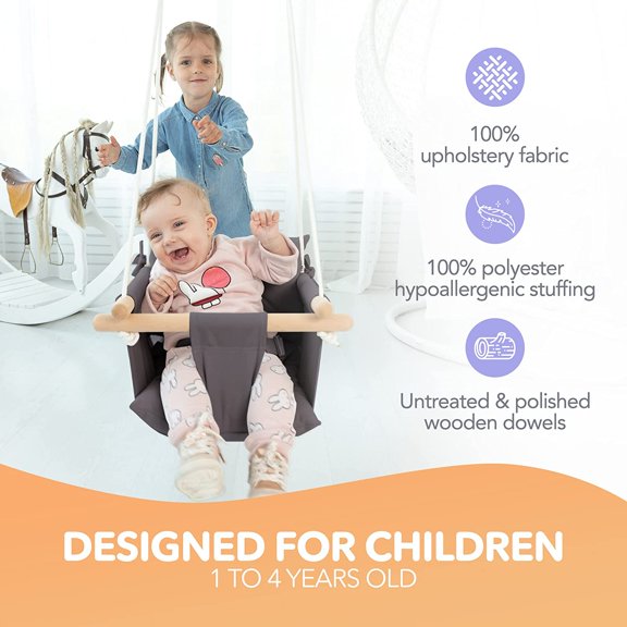 Baby Swing, Wooden Hanging Swing Seat Chair with Safety Belt, Durable Baby Swing Chair, Outdoor and Indoor Swing for Kids, Mounting Hardware Included