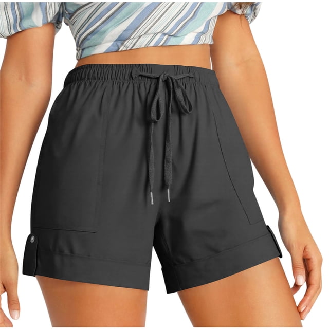 Casual Shorts for Women, Elastic Waist with Drawstring, Side Pockets, Loose Fit, Polyester Fabric, Solid Color, Summer Spring Wear