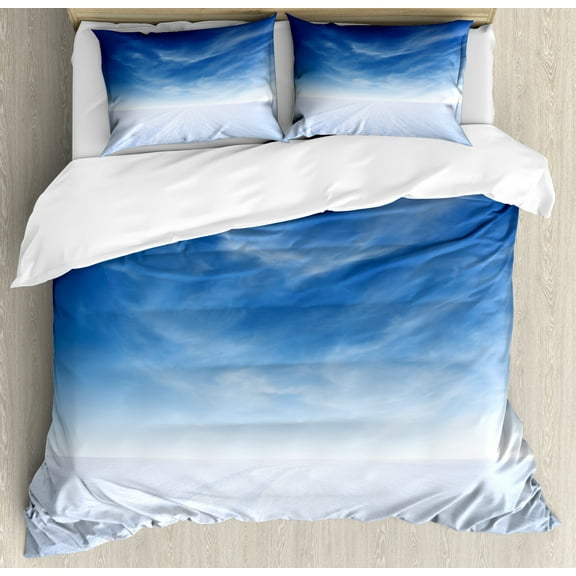 Sky Duvet Cover Set Queen Size, Snowy Mountain with Open Weather Environment Nature Photography Idyllic Themes Print, Decorative 3 Piece Bedding Set with 2 Pillow Shams, Blue White, by Ambesonne
