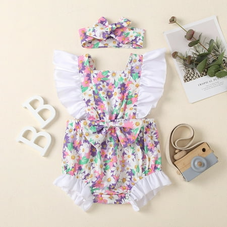 

Baby Kids Girls Sleeveless Ruffle Bow Floral Romper jumpsuit+Headband Set Pink 80