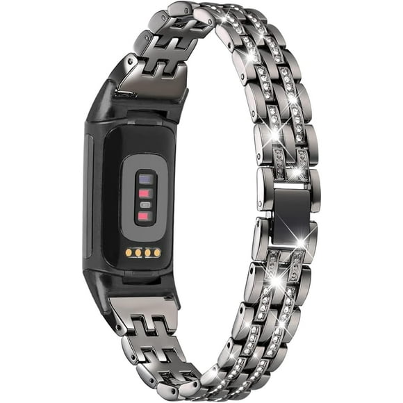 Tianle Bling Bands Compatible with Fitbit Charge 6/Charge 5, Metal Bracelet Luxurious Rhinestone Replacement Wristband for Women, Black