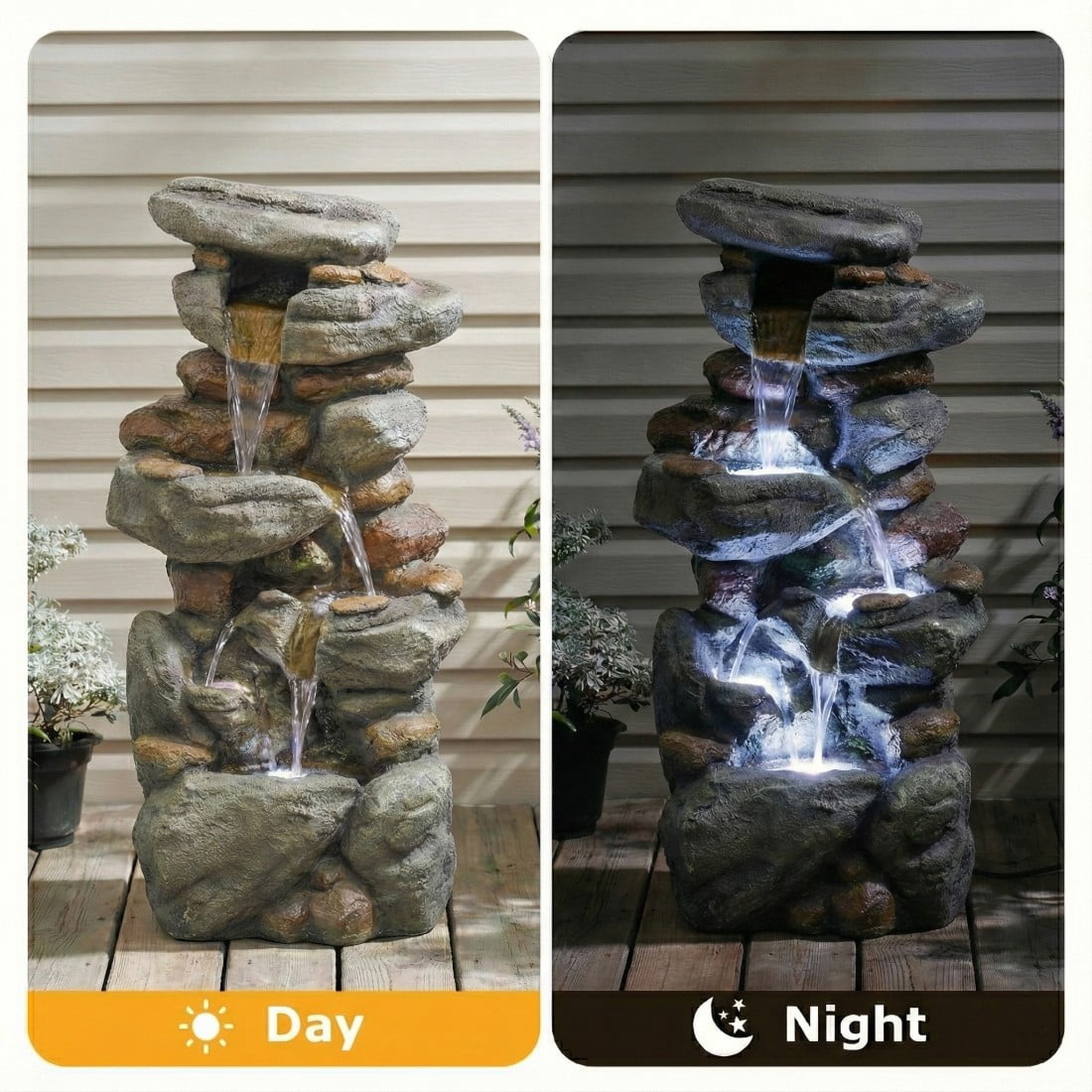 Bear Outdoor Water Fountain with LED Lights Resin Cascading Waterfall Garden Fountain for Patio Yard Balcony Decorative Water Feature