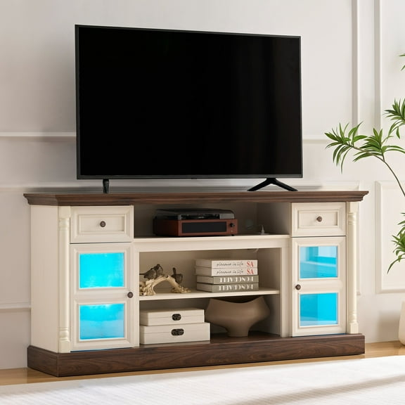 AENKYO 66" Farmhouse TV Stand with RGB LED Lights, Adjustable Shelves & Glass Doors for TVs up to 70in, Antique White