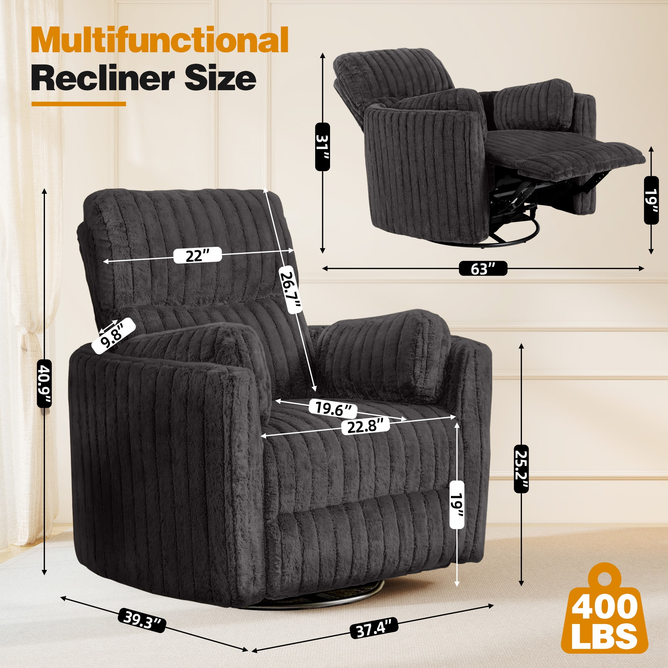 Aukfa Swivel Rocking Glider Power Recliner Chair with 24" Wide Seat & Type-C & USB Ports, Gray