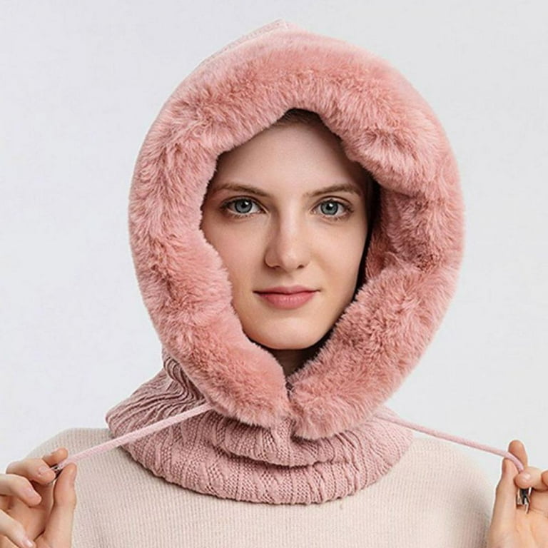 Winter Women Knitted Hood Ski Mask Faux Fur Scarf Neck Warmer