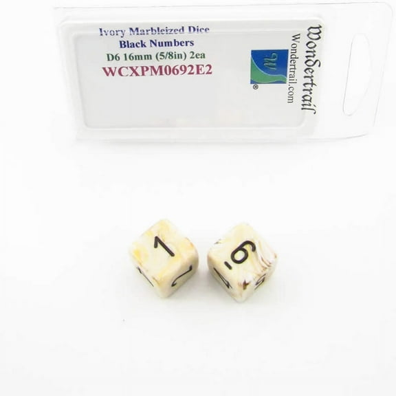 Ivory Marbleized Dice with Black Numbers D6 16mm (5/8in) Pack of 2 Wondertrail