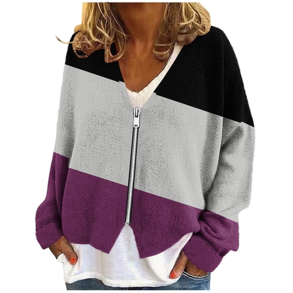 HAiming Jacket for Women Zip up Color Block V Neck Coat Casual Long Sleeve Winter Soft Comfy Outwear Clothes