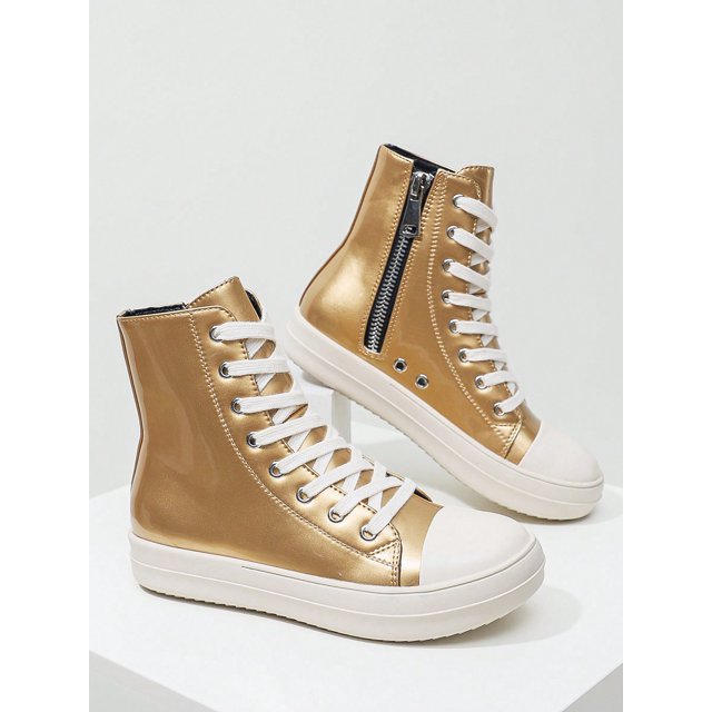 Silver Shoes New Style Women Boots High-Top Boots Women Lace-Up Zip Flat Boots Party Shoes For Women Daily Wear Ladies Shoes Casual Fashion Sneakers O