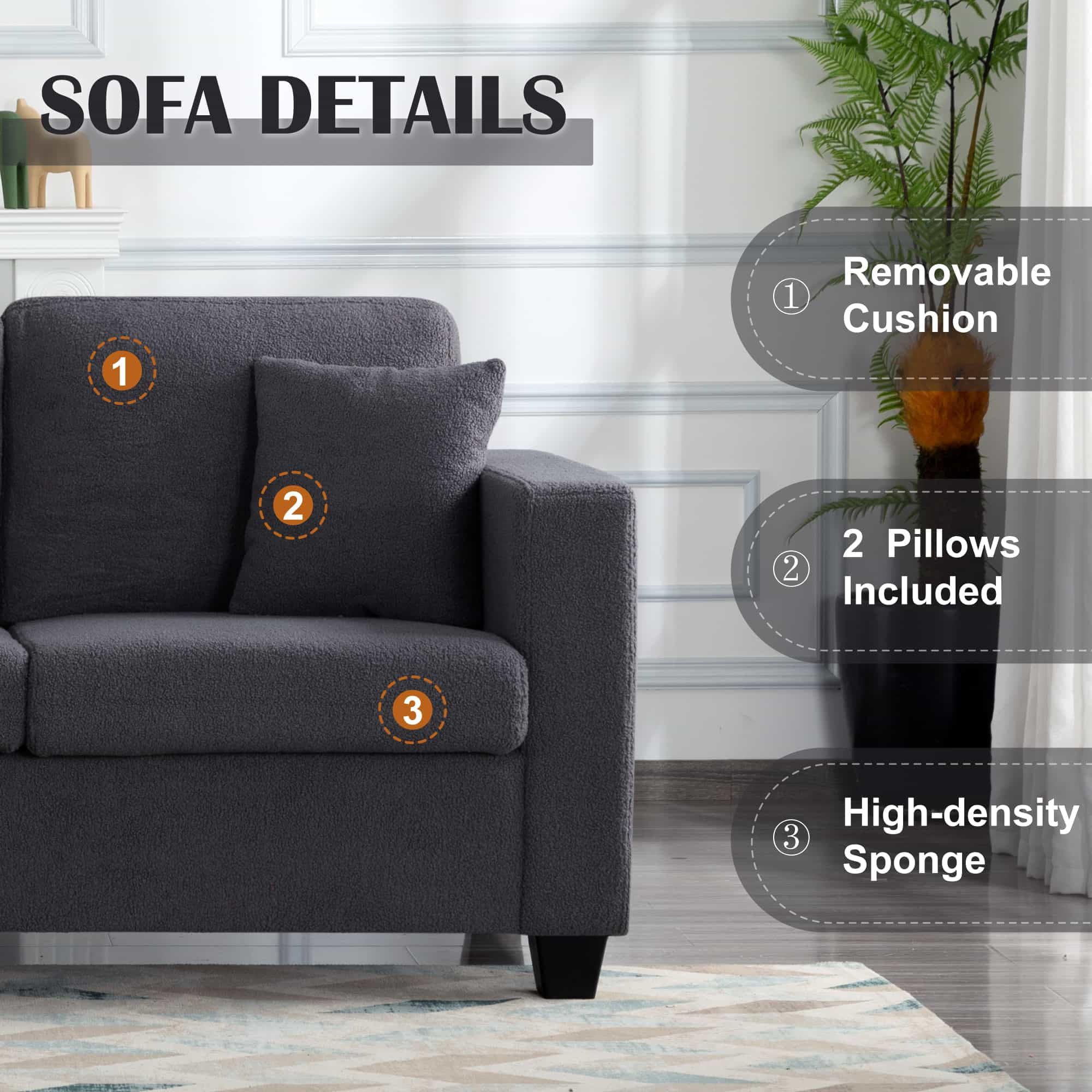 BSHTI Modern Style Teddy Fabric Sofa with 2 Pillows,Featuring Extra-Wide Deep Sofa,Suitable for Living Room,Bedroom,Office