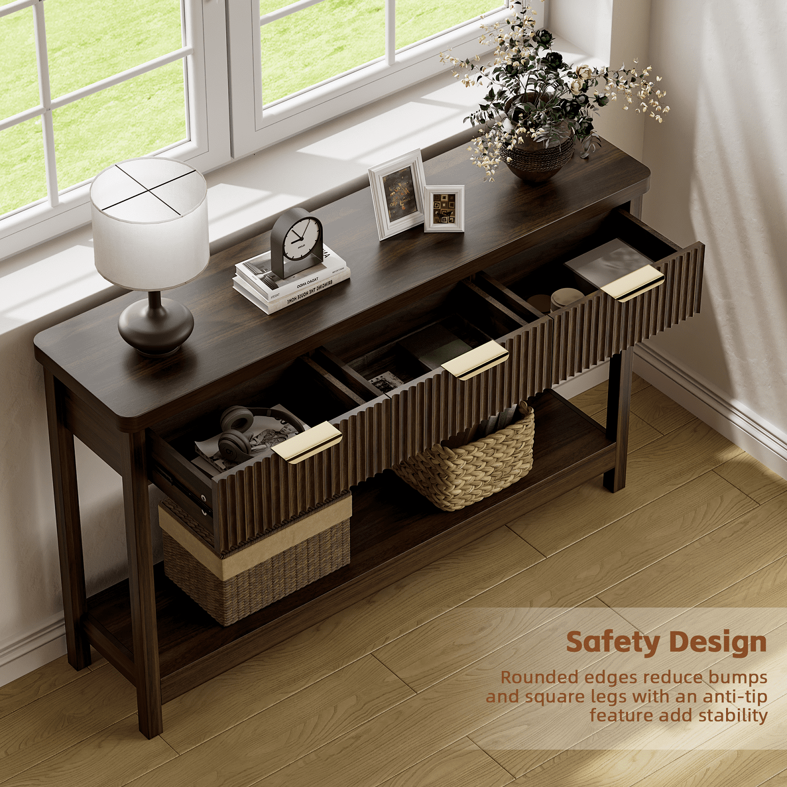 Aufeile 51" Entryway Table, Modern Fluted Console Table with 3 Storage Drawers and Open Shelf, Narrow Sofa Couch Table for Living Room Hallway Entrance Foyer, Walnut, Home Decor