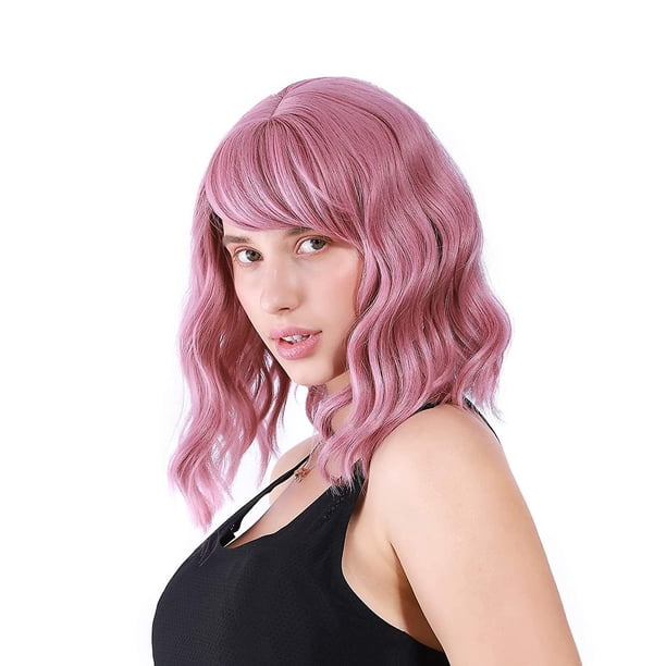 Taian Peluca ondulada suave con flequillo de aire Bob corto para mujer Peluca rosa púrpura Rizado Ondulado Longitud del hombro Bob suave Peluca de cosplay sintética Niñas Uso diario Colorfu ShuxiuWang 8390606104175