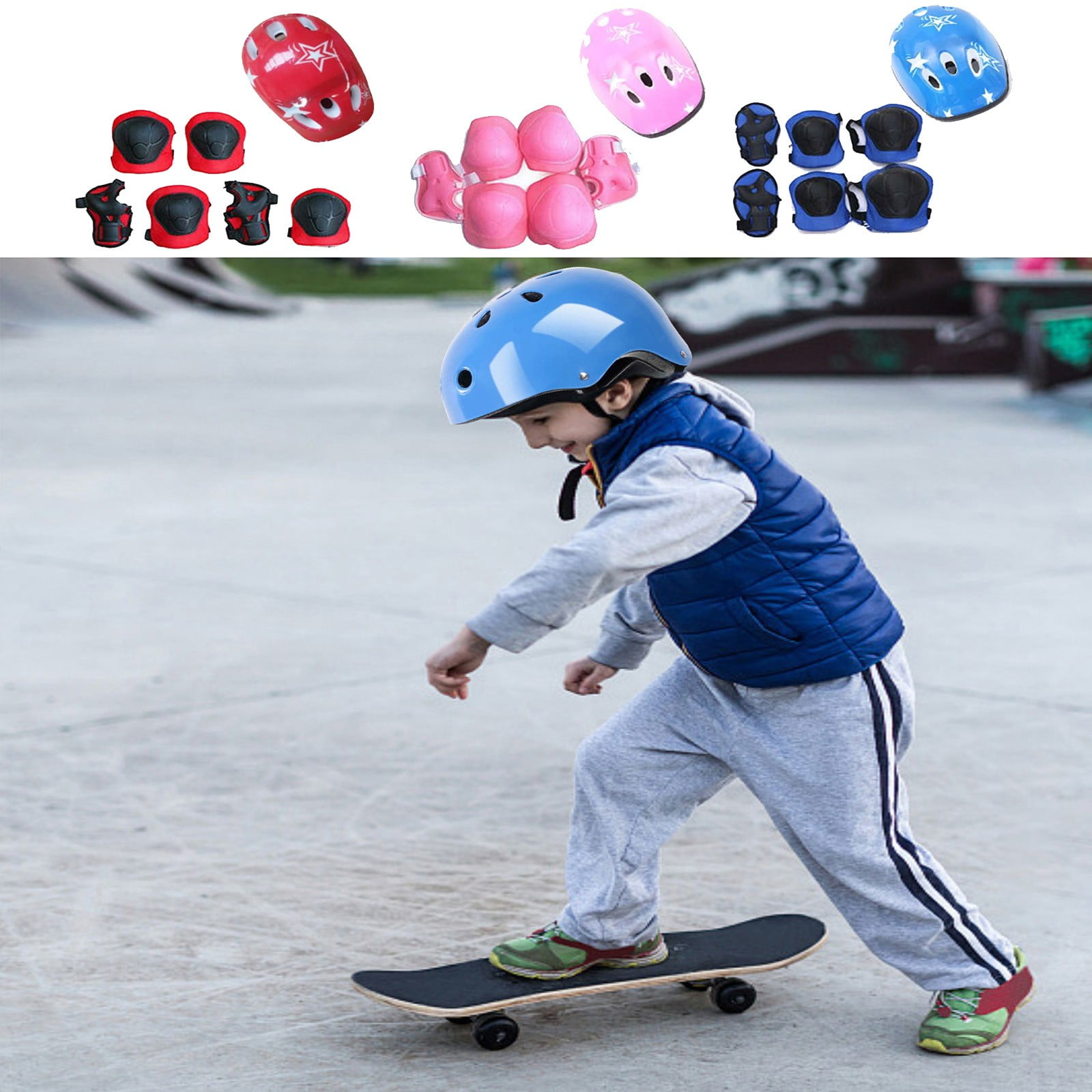 Kieccall 7Pcs Protective Gear Set - Shock-Absorbing Helmet, Knee/Elbow Pads & Wrist Guards with Adjustable Straps for Cycling, Skateboarding & Bike Riding - Blue