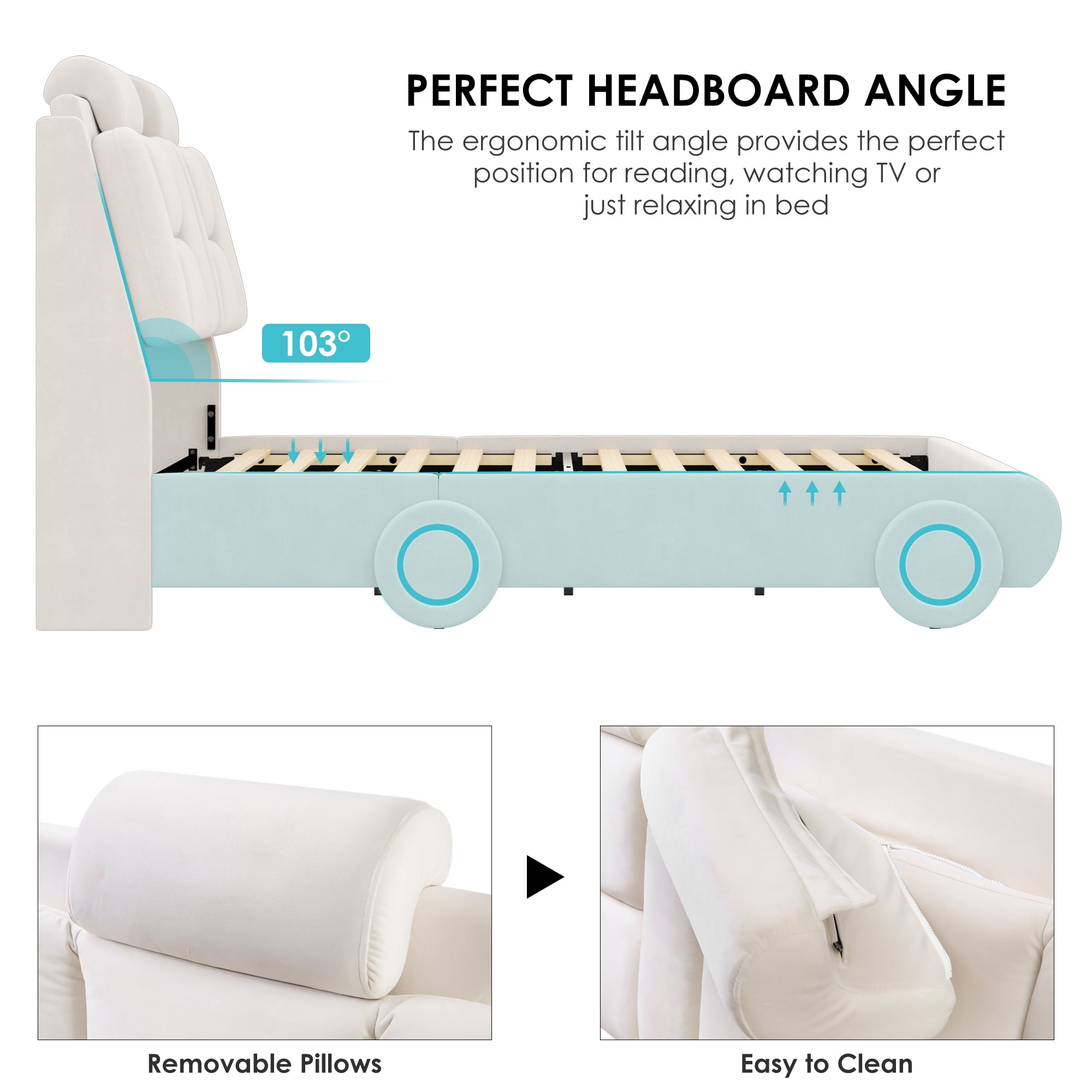 Homfa Full Size Car Bed Frame with LED Wheels, Velvet Upholstered Platform Bed with Adjustable Headboard and Removable Pillows, Beige