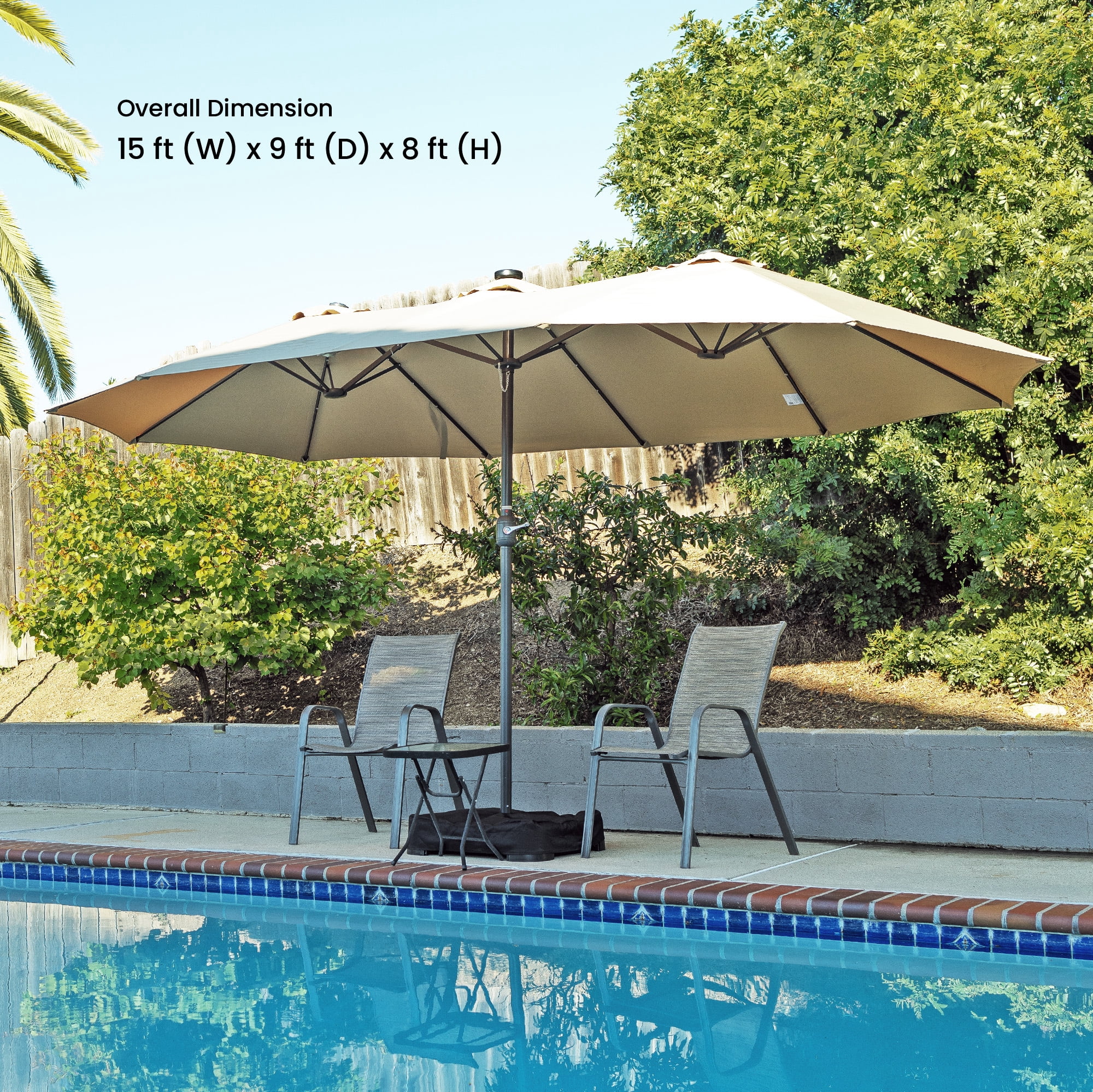 Home Zone Living 15x9 Ft Double Head Patio Umbrella with Base, 36 LED Lights, Sand Bags, UV resistant & Waterproof, 213 LBS Total Weight, Beige Tan