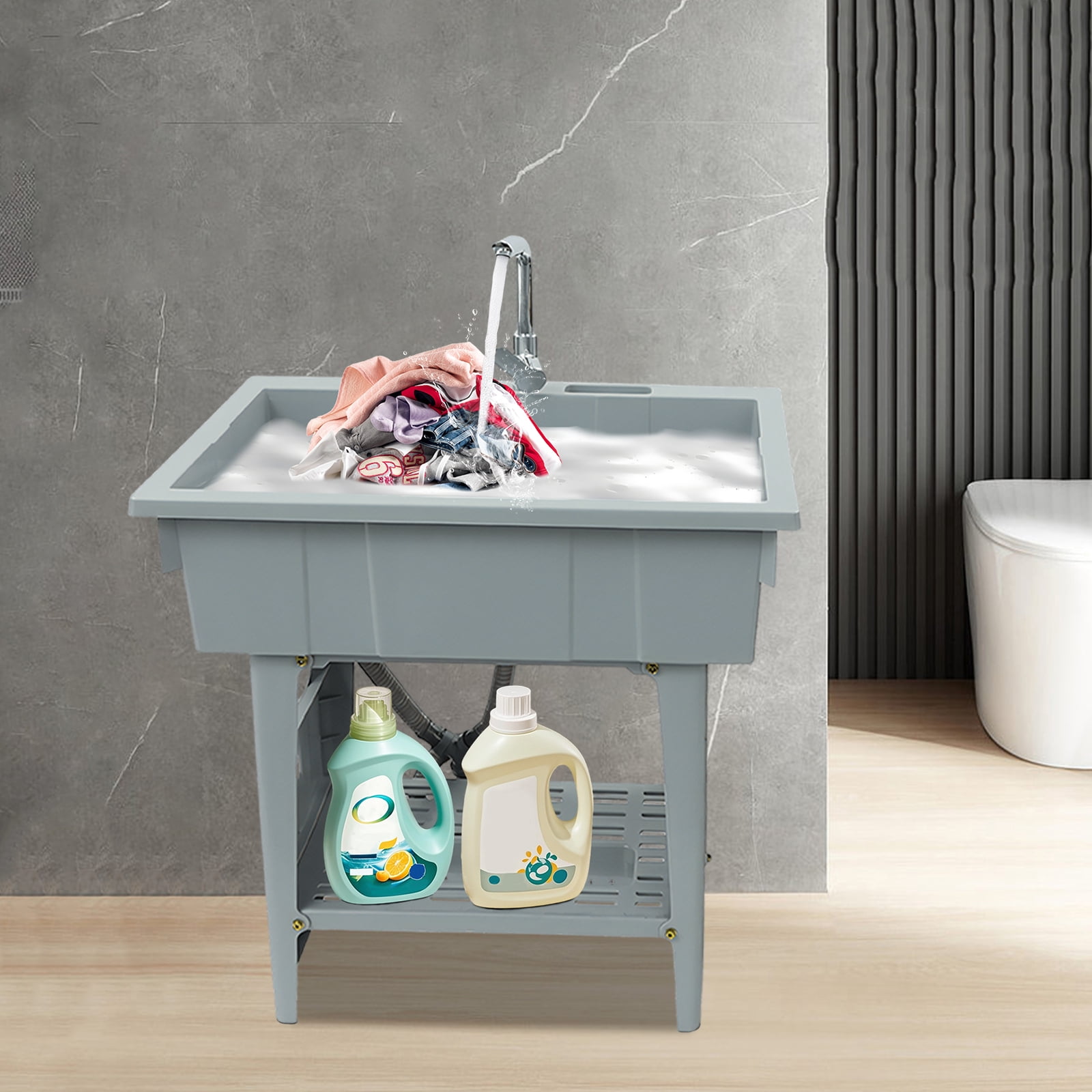 Laundry Sink 31.5x22x31.9in Grey Freestanding Utility Sink with 28.4x17.7x9.4in Basin & Storage Shelf