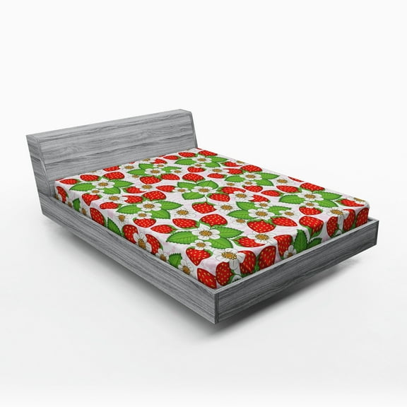 Ambesonne Spring Fitted Sheet, Floral Strawberry Scene, Full Size, Green Red