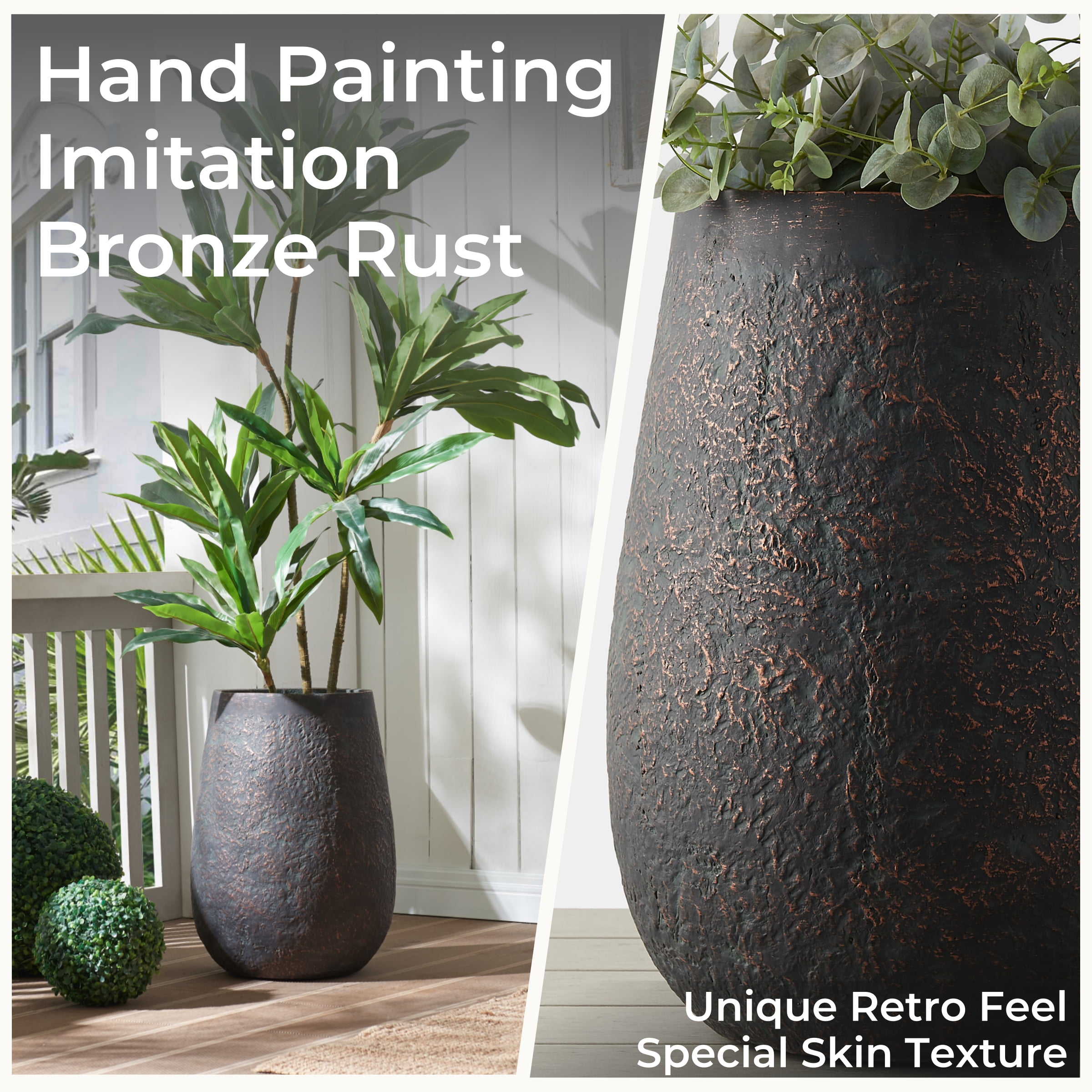 Wallowa 20 Inch Hight Weathered Concrete Planter,  Large Flower Pot with Drainage Hole, Tall Planter for Home, Garden, Patio, Courtyard, Bronze Rust