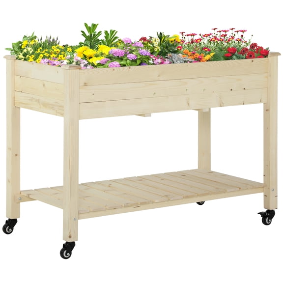 Raised Garden Bed, Elevated Wooden Planter Box w/ Lockable Wheels, Storage Shelf, and Bed Liner for Backyard, Patio, Natural, 47" x 22" x 33"