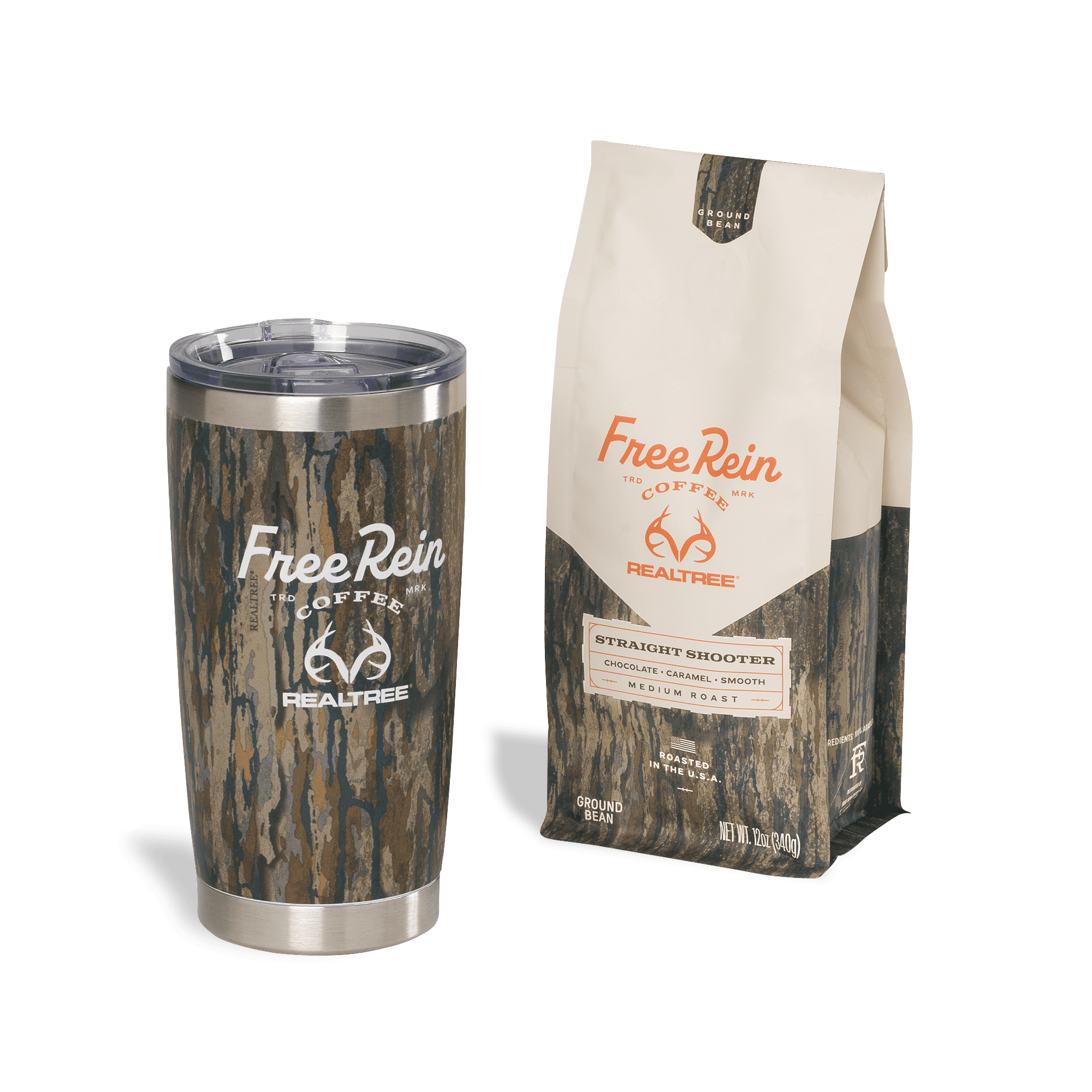 Free Rein x Realtree Daybreak Coffee Kit 100% Arabica Medium Roast Ground Coffee 12oz bag and 20oz Insulated Tumbler