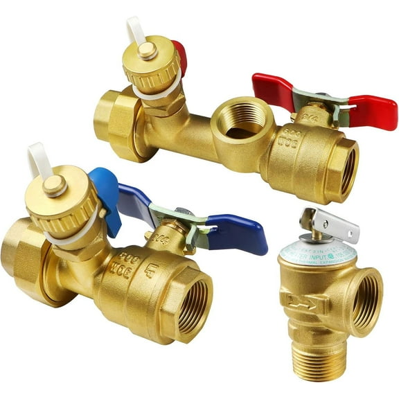3/4 Inch IPS Isolator Tankless Water Heater Service Valve Kit with Pressure Relief Valve, Clean Brass, 3/4 Inch Service Installation Valve