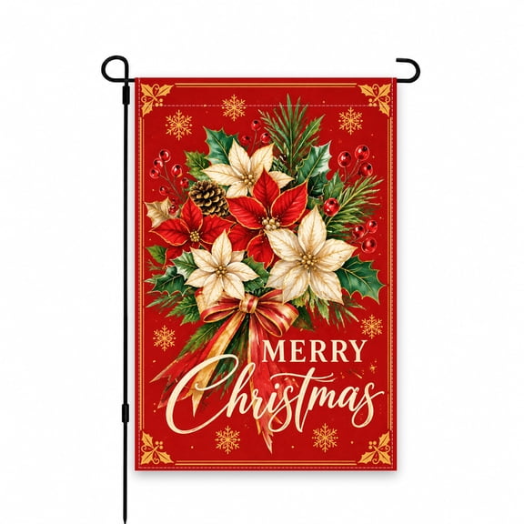 12x18 Inch Christmas Garden Flag, Red and Gold Poinsettia Design, Merry Christmas Theme, Decorative Yard Flag for Festive Holiday Outdoor Decor