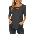 thumbnail image 1 of Top de manga corta para mujer Moda Casual Cuello redondo Escote hueco Color sólido Camisa de manga corta Negro M, 1 of 4