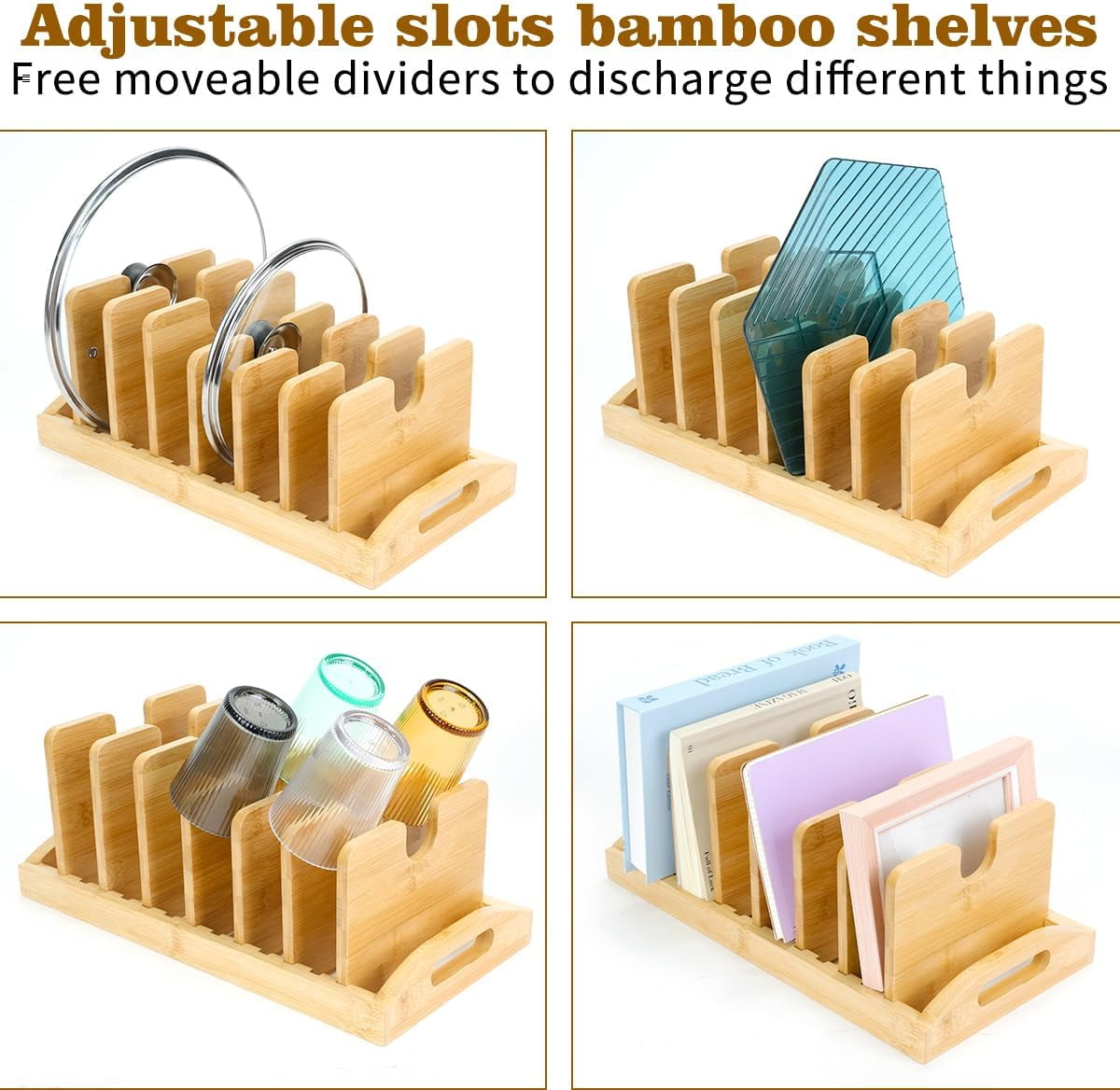 Bamboo Pot Lid Organizer,Pot Lid Holder Pot and Pan Organizer Drawer Organizer for Pot Lids,Pans, Cutting Boards & Baking Sheets, Dinner Plates